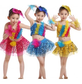 Turquoise yellow gold hot pink fuchsia sequined girls children toddlers kindergarten school play latin modern dance jazz dance outfits costumes